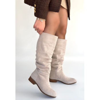 Winda Bej Süet Körüklü Topuklu Çizme - Lisinya