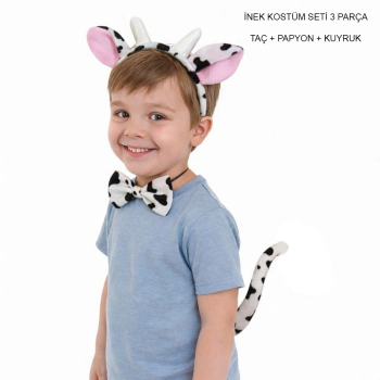 İnek Kostüm Aksesuar Seti 3 Lü - Taç Papyon Kuyruk - Lisinya