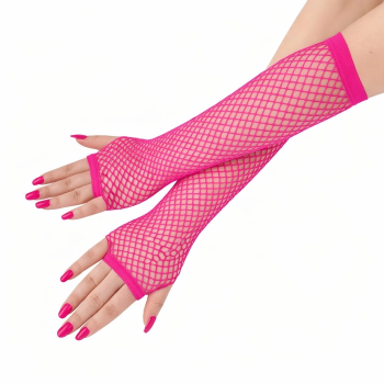 80’ler 90’lar Retro Neon Fuşya Şeker Pembesi File Parmaksız Eldiven 26 Cm - Lisinya