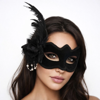 Beyaz İnci Detaylı Siyah Süet Venedik Kadın Maskesi Tüylü Güllü - Lisinya