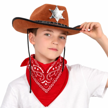Çocuk Kovboy Şapka Rozetli Kahverengi Kırmızı Bandana Seti - Lisinya