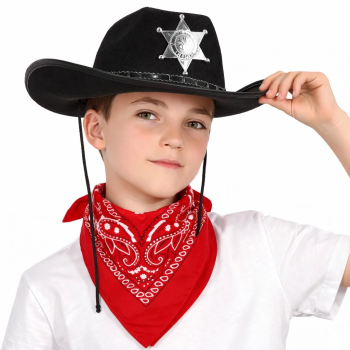Çocuk Kovboy Şapka Rozetli Siyah Kırmızı Bandana Seti - Lisinya