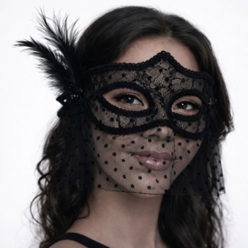 Siyah Dantel Tüllü Peçeli Parti Maskesi - Tüylü İnci Detaylı - Lisinya