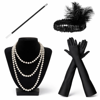 1920’ler Çarliston Aksesuar Seti – İnci Kolye, Eldiven,  Tutucu, Siyah Saç Bandı - Lisinya