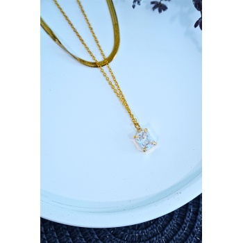 Baget Taşlı Altın Renk İtalyan Bakla Zincirli Kadın Çelik Kolye - Lisinya