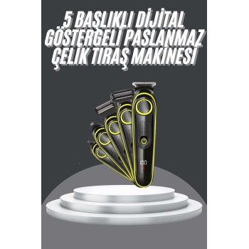 5 Başlıklı Şarjlı Tıraş Makinesi Led Ekran Saç Sakal Ense Tıraşına Uygun Bakım Seti - Lisinya