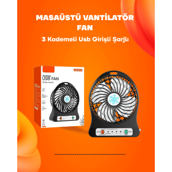 Mini Vantilatör Masaüstü – USB Girişli, Şarjlı, 3 Kademe, Sessiz Motor, Işıklı - Lisinya