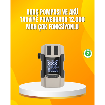 12.000 mAh Akü Takviye Powerbank Dahili Hava Pompalı Dijital Ekranlı - Lisinya