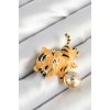 Zirkon Taşlı Siyah Çizgili Turuncu Kaplan Figürlü Gold Renk Kadın Broş - Lisinya