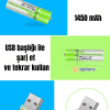 Usb ile Şarj Olabilen 2 li 1450 mah Lityum Şarjlı Kalem Pil ( Lisinya )