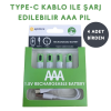 Type-C ile Şarjolabilen 4 lü AAA 1.5V Lityum İnce Şarjlı Kalem Pil 750 mAH Uzun Ömürlü ( Lisinya )
