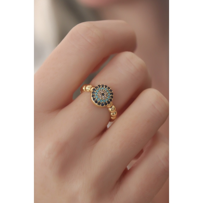 Gold Renk Nazar Boncuk Figür Zirkon Taş Detay Kadın Yüzük - Lisinya