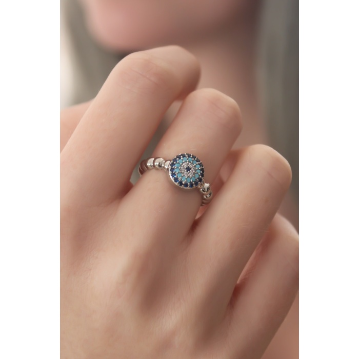 Gümüş Renk Nazar Boncuk Figür Zirkon Taş Detay Kadın Yüzük - Lisinya