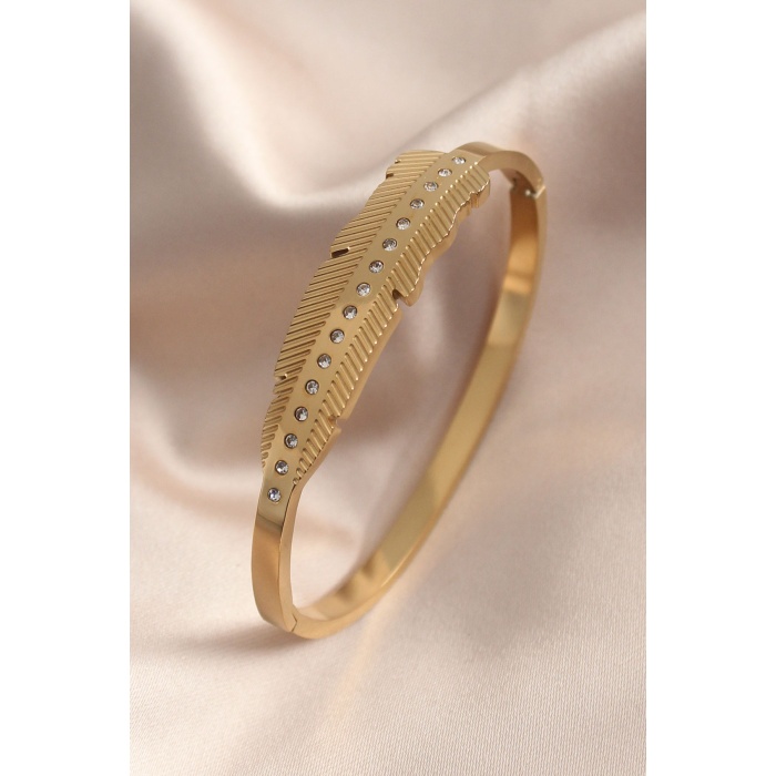 Gold Renk Yaprak Model Zirkon Taş Detay Kelepçe Kadın Bileklik - Lisinya