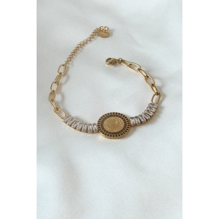 316L Çelik Gold Renk Tam Altın Modelli Zirkon Taşlı Kadın Bileklik - Lisinya