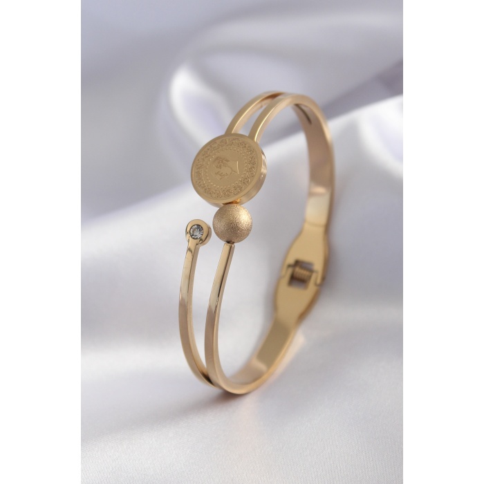 316L Çelik Gold Renk Çeyrek Altın Zirkon Taş Detay Kadın Kelepçe - Lisinya