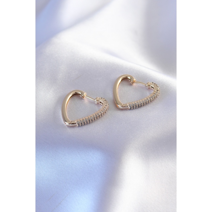 Gold Renk Zirkon Taşlı Kalp Model Kadın Küpe - Lisinya