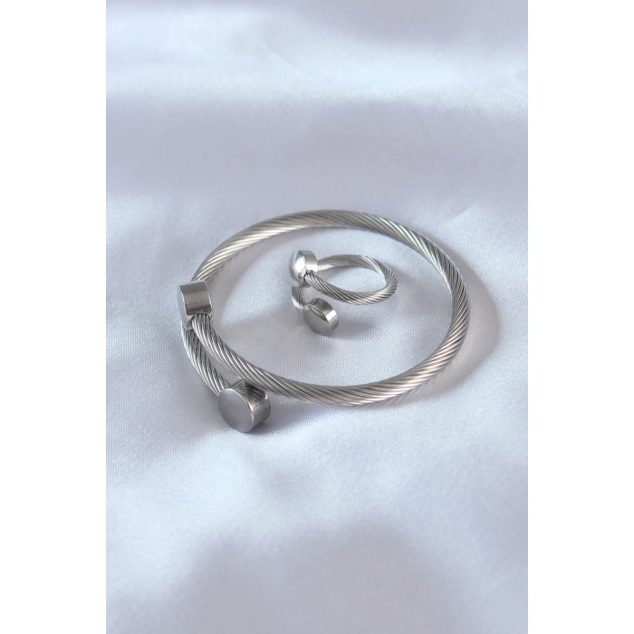 Çelik Gümüş Renk Sıkı Burgu Model Erkek Bileklik Yüzük Seti - Lisinya