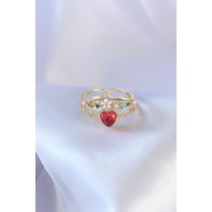 Gold Renk Kırmızı Zirkon Taş Kalp Model Pirinç Kadın Yüzük - Lisinya