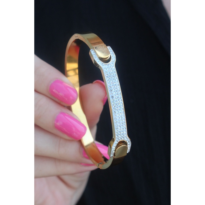 316L Çelik Gold Renk Zirkon Taşlı Kadın Kelepçe - Lisinya