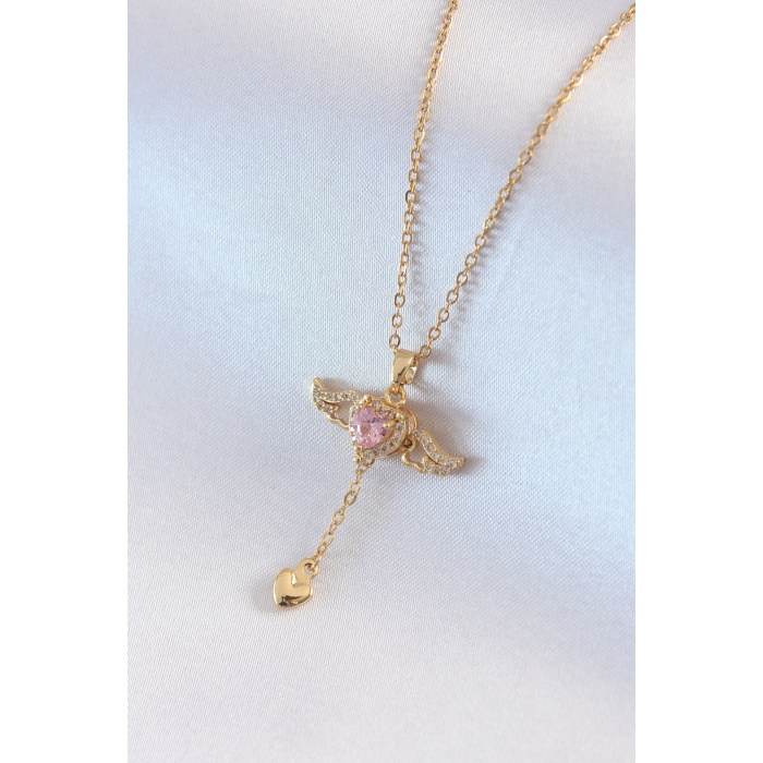 316L Çelik Gold Renk Kanatlı Kalp Model Zirkon Taş Detay Kadın Kolye - Lisinya