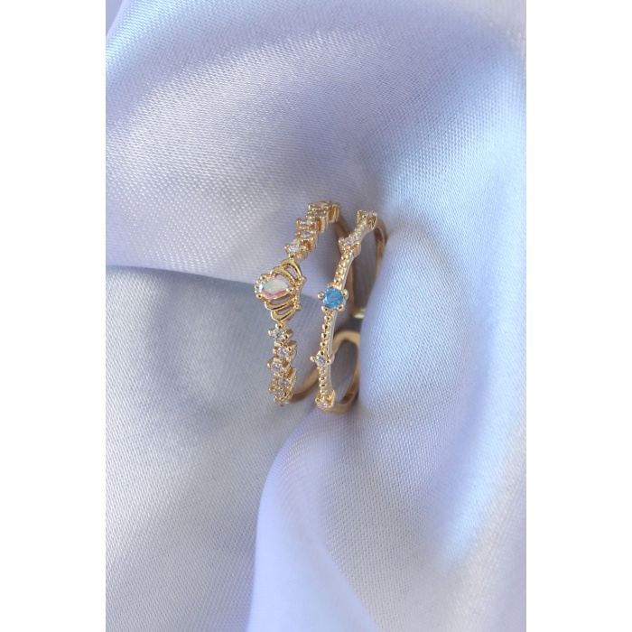 Gold Renk Zirkon Taşlı Taç Figür Pirinç Kadın Yüzük - Lisinya