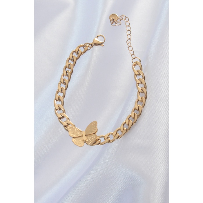 316L Çelik Gold Renk Kelebek Figür İşleme Detay Zincir Model Kadın Bileklik - Lisinya