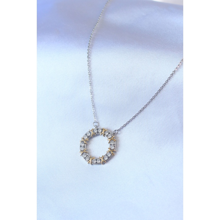 316L Çelik Gümüş Renk Zirkon Taşlı Gold Detay Xoxo Kadın Kolye - Lisinya