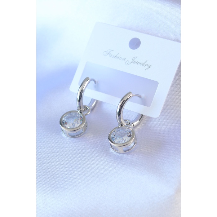 Gümüş Renk Zirkon Taşlı Pirinç Kadın Küpe - Lisinya