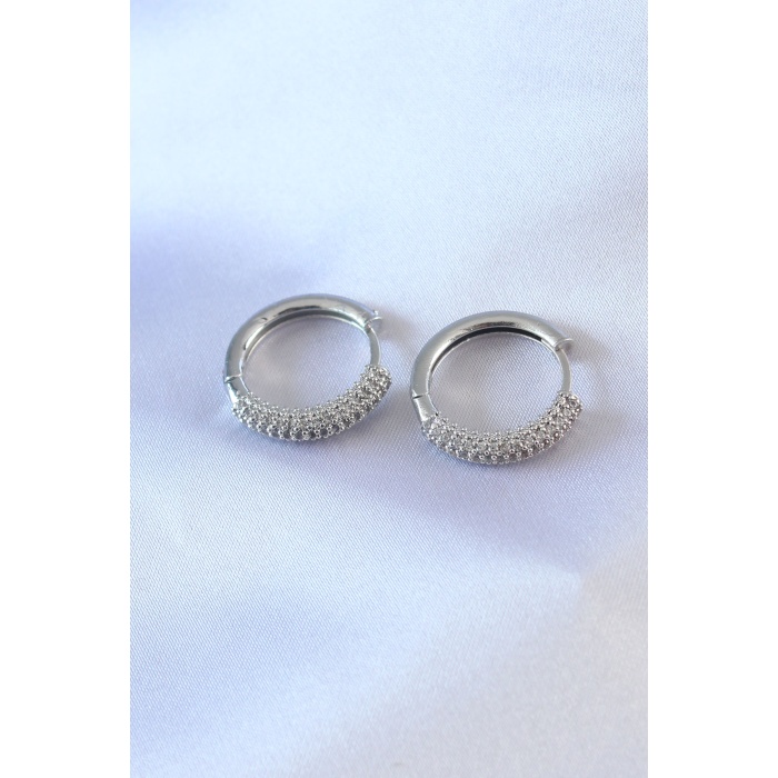 Gümüş Renk Zirkon Taşlı Halka Model Pirinç Kadın Küpe - Lisinya