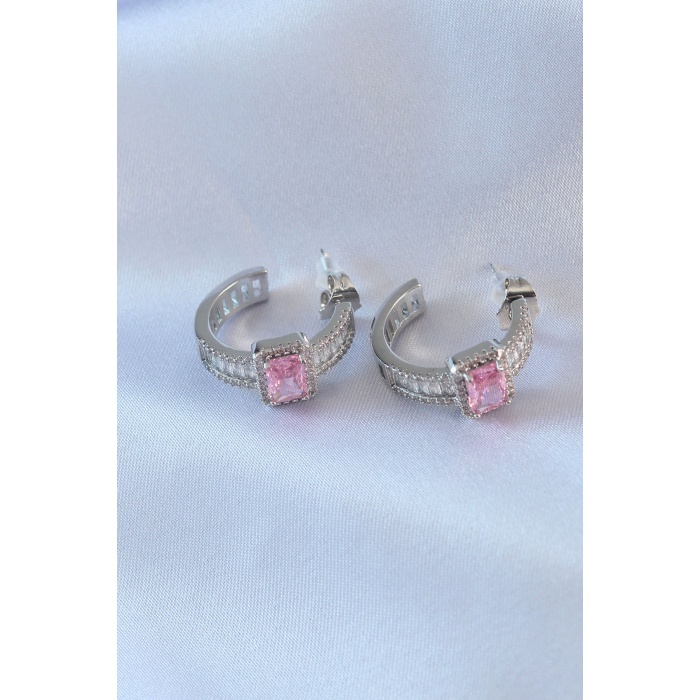 VIP Seri Gümüş Renk Yarım Halka Model Zirkon Taşlı Pirinç Kadın Küpe - Lisinya