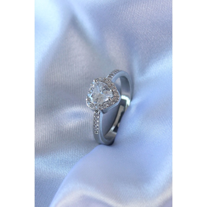 Gümüş Renk Kalp Zirkon Taşlı Charm Model Pirinç Kadın Yüzük - Lisinya