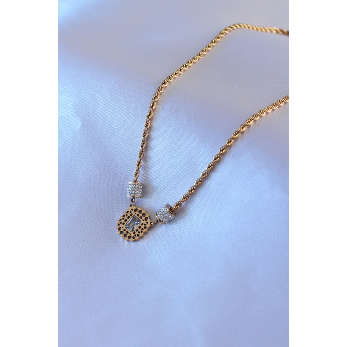 316L Çelik Gold Renk Lotus Model Zirkon Taşlı Burgu Zincir Kadın Kolye - Lisinya