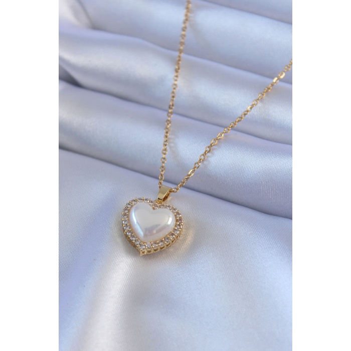 316L Çelik Gold Renk İncili Kalp Model Zirkon Taşlı Kadın Kolye - Lisinya