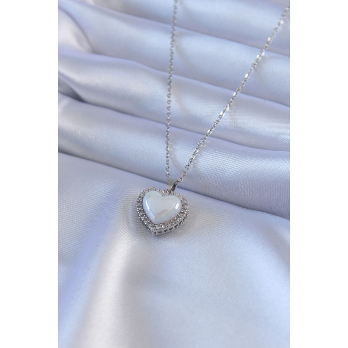 316L Çelik Gümüş Renk İncili Kalp Model Zirkon Taşlı Kadın Kolye - Lisinya
