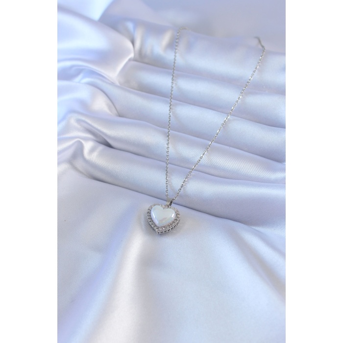 316L Çelik Gümüş Renk İncili Kalp Model Zirkon Taşlı Kadın Kolye - Lisinya