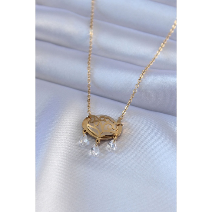 316L Çelik Gold Renk Lotus Model Zirkon Taşlı Kadın Kolye - Lisinya