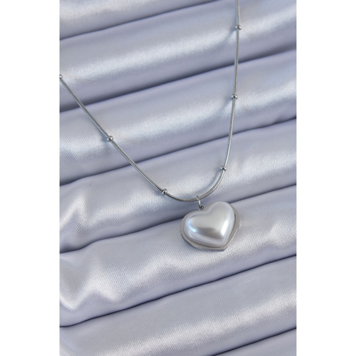 316L Çelik Gümüş Renk İncili Kalp Model Minimal Top Detay Kadın Kolye - Lisinya