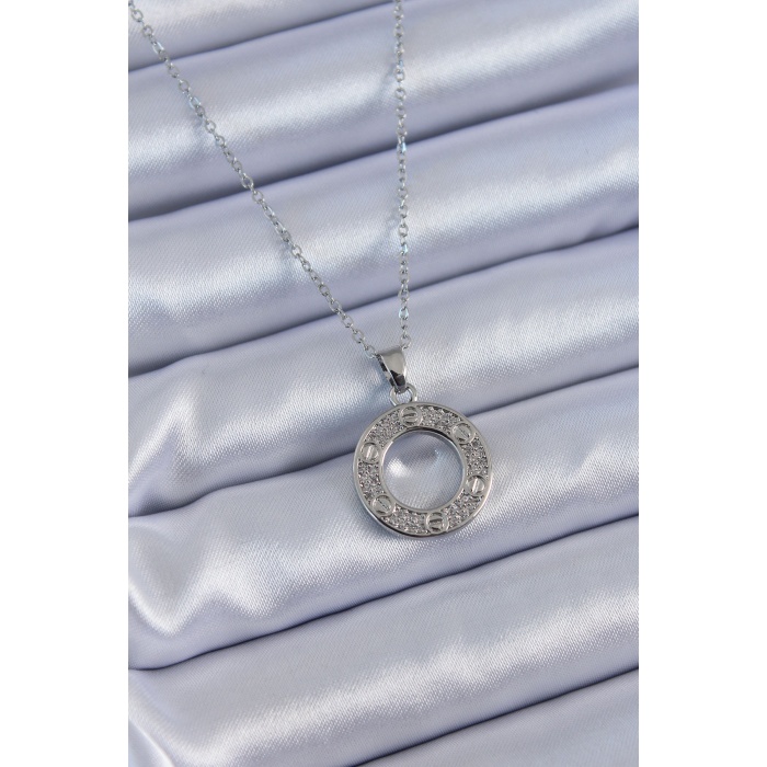 316L Çelik Gümüş Renk Zirkon Taşlı Model Kadın Kolye - Lisinya