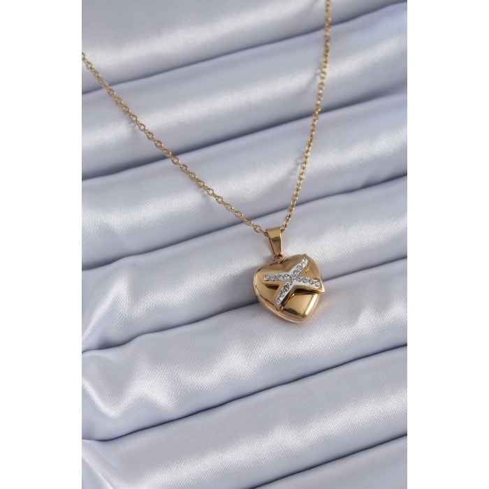 316L Çelik Gold Renk Zirkon Detay Kalp Model Kadın Kolye - Lisinya