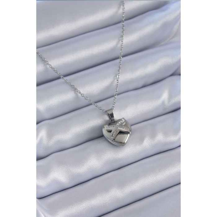 316L Çelik Gümüş Renk Zirkon Taşlı Kalp Model Kadın Kolye - Lisinya