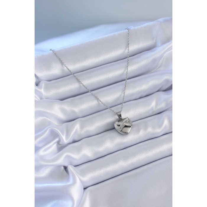 316L Çelik Gümüş Renk Zirkon Taşlı Kalp Model Kadın Kolye - Lisinya