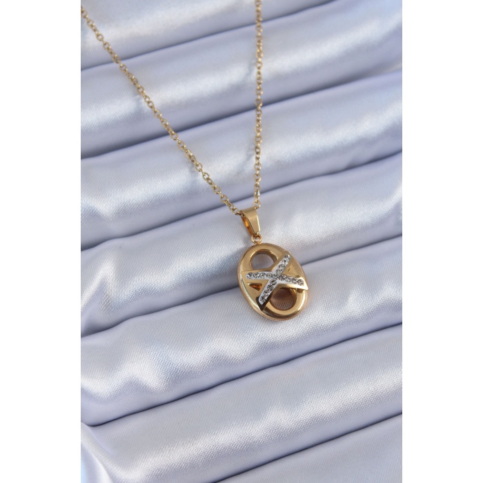 316L Çelik Gold Renk Zirkon Taşlı Kadın Kolye - Lisinya