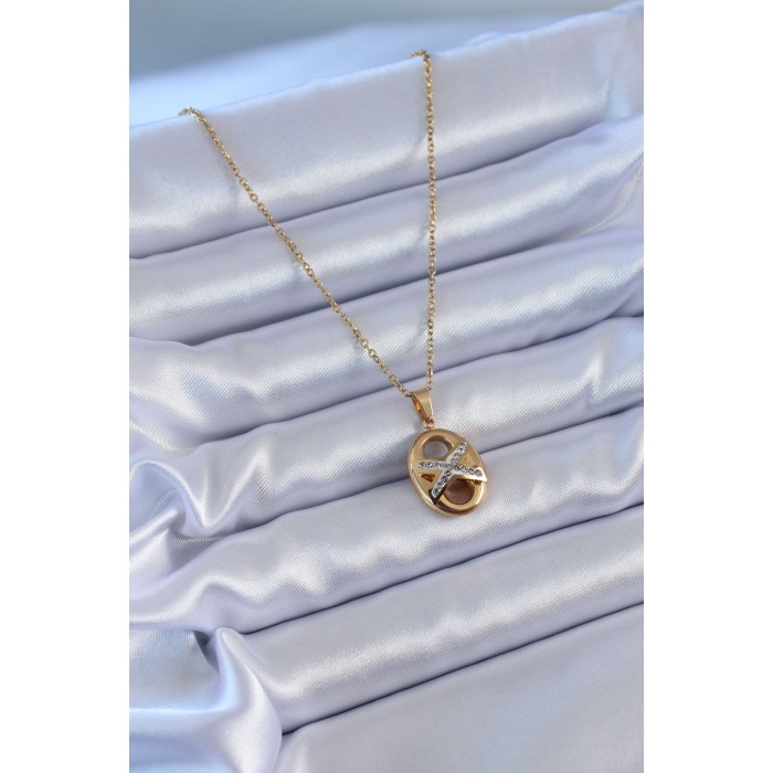 316L Çelik Gold Renk Zirkon Taşlı Kadın Kolye - Lisinya