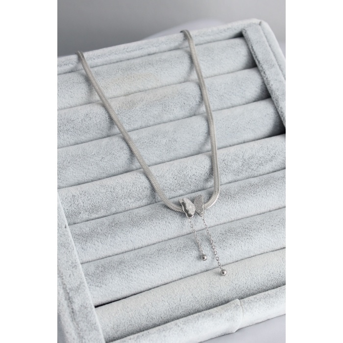 316L Çelik Gümüş Renk İtalyan Zincir Model Simli Kelebek Figür Kadın Kolye - Lisinya