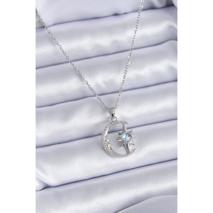 316L Çelik Gümüş Renk Zirkon Taşlı Ay Yıldız Model Kadın Kolye - Lisinya