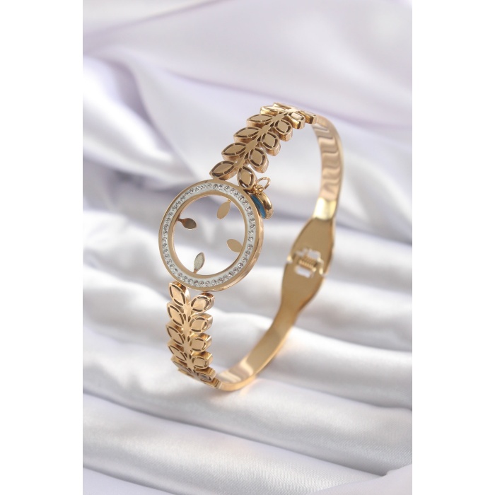 316L Çelik Gold Renk Çeyrek Takılabilen Zirkon Taş Detay Kadın Kelepçe - Lisinya