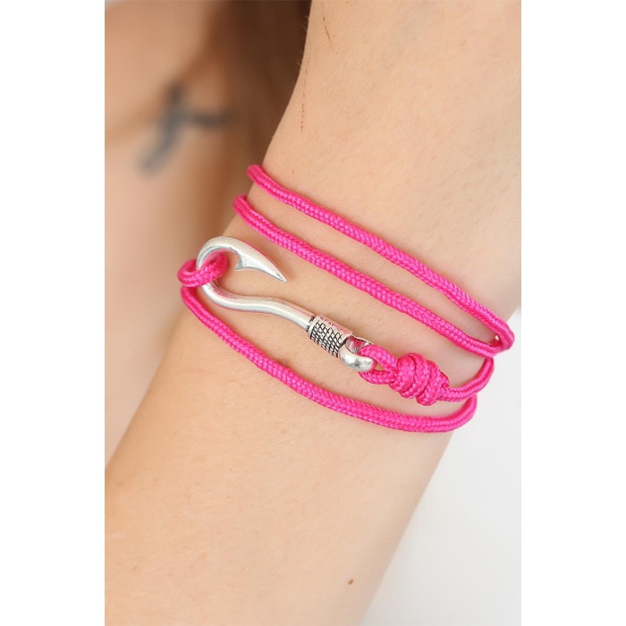 Fuşya Renk Gümüş Metal Kancalı Bayan Çoklu Bileklik - Lisinya
