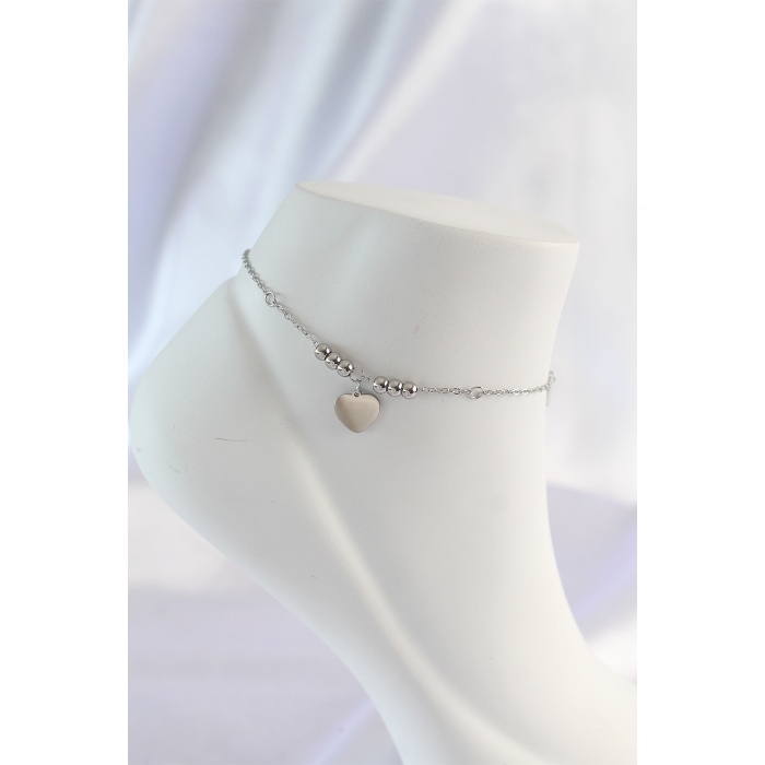 316L Çelik Gümüş Renk Zirkon Taş Detay Kalpli Halhal - Lisinya