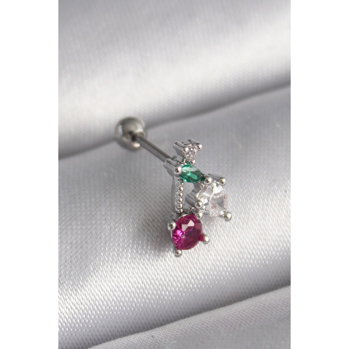 316L Çelik Gümüş Renk Zirkon Taşlı Tragus Piercing - Lisinya